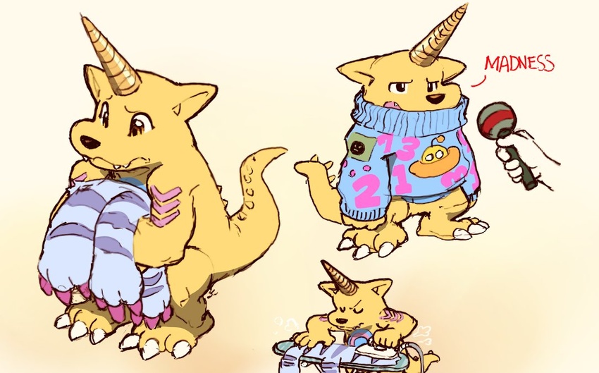 animal_skin anthro bandai_namco clothing dahecksajerry digimon digimon_(species) electronics english_text gabumon horn humor ironing_board male microphone sweater text topwear yellow_body