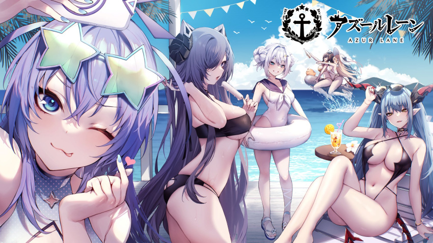 6+girls ;3 august_von_parseval_(azur_lane) azur_lane beach bikini black_bikini black_horns blonde_hair blue_eyes blue_hair blue_nails blue_sailor_collar breasts brown_hair cocktail cocktail_glass collar commentary_request copyright_name crossed_bangs crossed_legs cup curled_horns danimaru double_bun dragon_girl dragon_horns drinking_glass eyewear_on_head food hair_bun hair_over_one_eye harbin_(azur_lane) harbin_(union_between_sea_and_sky)_(azur_lane) hat highres holding holding_food holding_phone holding_popsicle holding_swim_ring horns implacable_(azur_lane) innertube jade_(a_lick_of_summer)_(azur_lane) jade_(azur_lane) large_breasts logo long_hair looking_at_viewer manjuu_(azur_lane) mechanical_tail medium_breasts multiple_girls navel new_jersey_(azur_lane) official_alternate_costume official_art one-piece_swimsuit one_eye_closed outdoors phone pointy_ears popsicle red_nails regensburg_(azur_lane) regensburg_(dark_dragon_brilliant_beach)_(azur_lane) sailor_collar sand slingshot_swimsuit slit_pupils spiked_collar spikes standing star-shaped_eyewear star_(symbol) stomach sun_hat swim_ring swimsuit tail torpedo water white_hair white_headwear white_one-piece_swimsuit yellow_bikini yellow_eyes