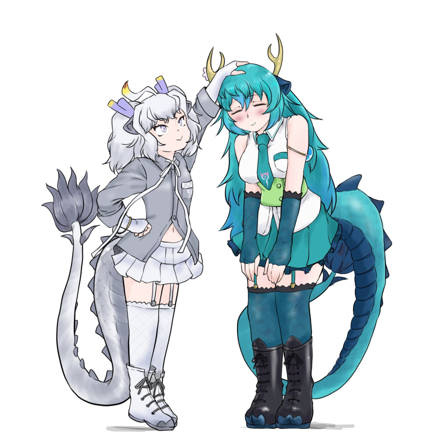 2girls :> bare_shoulders black_footwear blue_dragon_(kemono_friends) blue_gloves blue_hair blue_necktie blue_skirt blue_thighhighs blush boots bow bowtie closed_eyes collared_shirt dragon_ears dragon_girl dragon_horns dragon_tail elbow_gloves fingerless_gloves frilled_gloves frilled_skirt frilled_thighhighs frills garter_straps gloves grey_eyes grey_shirt hair_between_eyes headpat height_difference highres horns hunched_over japari_symbol kemono_friends long_hair long_sleeves midriff_peek multiple_girls navel necktie pleated_skirt saja_(166j357) shirt short_hair short_twintails siblings sidelocks sisters skirt sleeveless tail thighhighs tiptoes twintails white_bow white_bowtie white_dragon_(kemono_friends) white_footwear white_gloves white_shirt white_skirt white_thighhighs