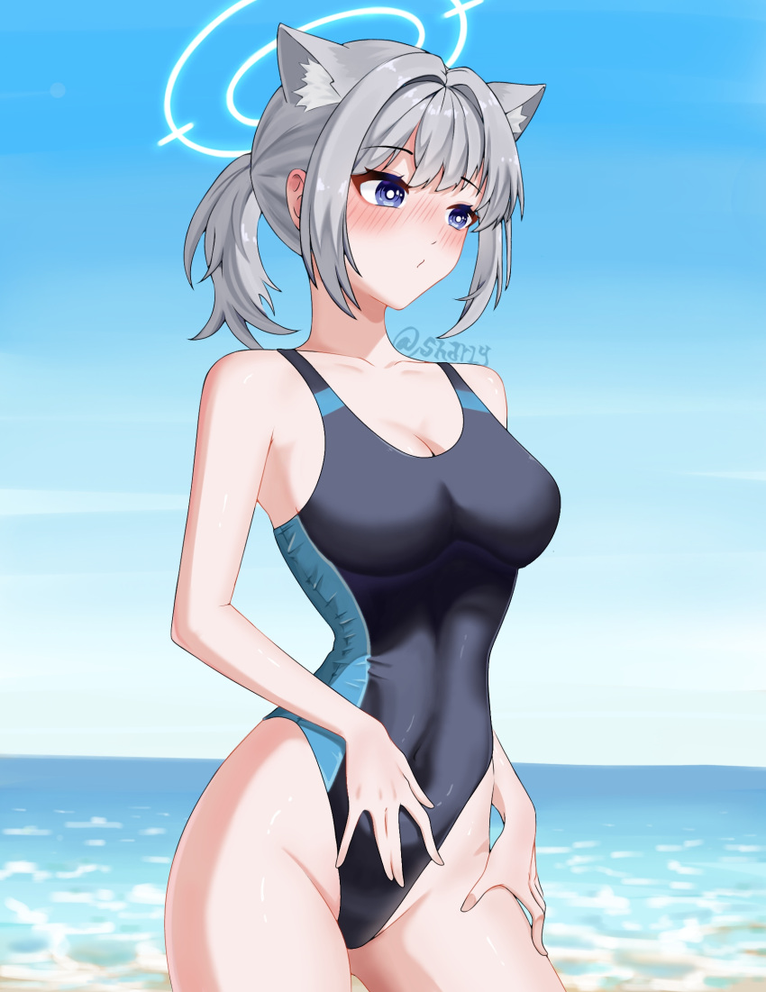 animal_ear_fluff animal_ears black_one-piece_swimsuit blue_archive blue_eyes blue_sky breasts cloud competition_swimsuit contrapposto covered_navel cross_hair_ornament day extra_ears female gradient_sky grey_hair hair_ornament halo highres horizon low_ponytail medium_breasts medium_hair mismatched_pupils multicolored_clothes multicolored_swimsuit ocean official_alternate_costume one-piece_swimsuit outdoors sharly shiroko_(blue_archive) shiroko_(swimsuit)_(blue_archive) sky solo swimsuit water wolf_ears