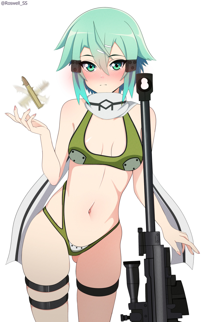 absurdres alternate_costume anti-materiel_rifle aqua_hair ass_visible_through_thighs bare_arms bare_shoulders blush bolt_action breasts bullet commentary cowboy_shot english_commentary female frown green_eyes green_hair green_panties grey_scarf gun hair_ornament hairclip highres medium_breasts medium_hair midriff navel panties pgm_hecate_ii rifle roswell_ss scarf shiny_skin simple_background sinon sniper_rifle solo stomach sword_art_online thigh_strap underwear weapon