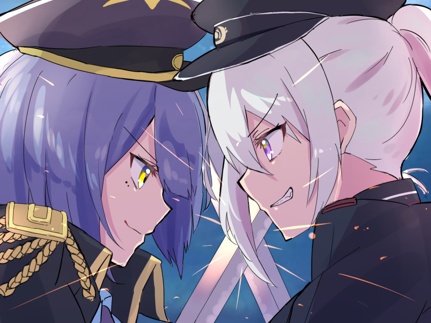 2girls bad_id bad_pixiv_id blue_background blue_hair commentary epaulettes grin hat highres higuchi_kaede higuchi_kaede_(8th_costume) katana looking_at_another military military_hat military_uniform mole mole_under_eye multiple_girls nijisanji ponytail purple_eyes shizuka_rin short_hair smile sword sword_clash sword_fight tsumayouji_(tumayog) uniform virtual_youtuber weapon white_hair yellow_eyes