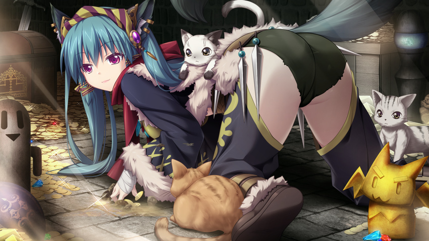 all_fours animal ass black_eyes boots cat_ears coin earrings eushully feet feline female from_behind game_cg green_hair headband highres jewelry kami_no_rhapsody legs long_hair looking_at_viewer mitsuki money pale_skin panties pink_eyes smile statue tail thighs treasure treasure_chest twintails underwear yakuri