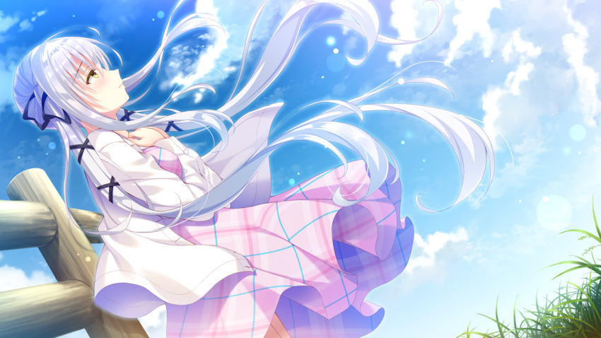 clouds dress game_cg koneko_neko_neko long_hair nekokawa_shirone noda_shuha sky skyfish twintails white_hair