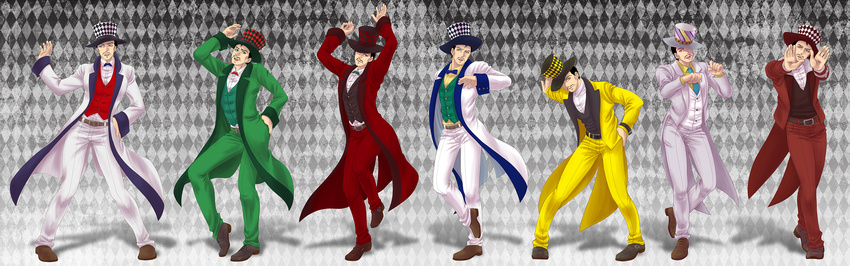 6+boys bad_id bad_pixiv_id black_hair dancing facial_hair hat highres jojo_no_kimyou_na_bouken miyabi_(run) moustache multiple_boys multiple_persona multiple_views palette_swap phantom_blood top_hat will_anthonio_zeppeli