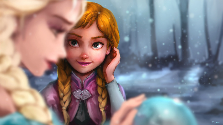 2girls anna_(frozen) blonde_hair blue_eyes blurry braid brooch commentary darren_geers depth_of_field elsa_(frozen) english_commentary frozen_(disney) highres jewelry lips multiple_girls nose orange_hair orb photoshop_(medium) siblings sisters snow snowing twin_braids