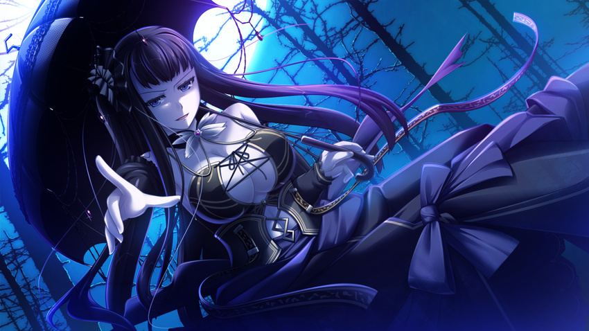 bare_shoulders black_hair blue_eyes breasts cleavage dress elbow_gloves eushully female female game_cg gloves hair_ornament highres holding kami_no_rhapsody large_breasts long_hair looking_at_viewer mitsuki moon night open_mouth pale_skin pointing sky solo standing tree trees umbrella yakuri