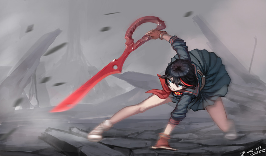 black_hair blue_eyes douyougen gloves kill_la_kill matoi_ryuuko seifuku short_hair signed skirt sword weapon