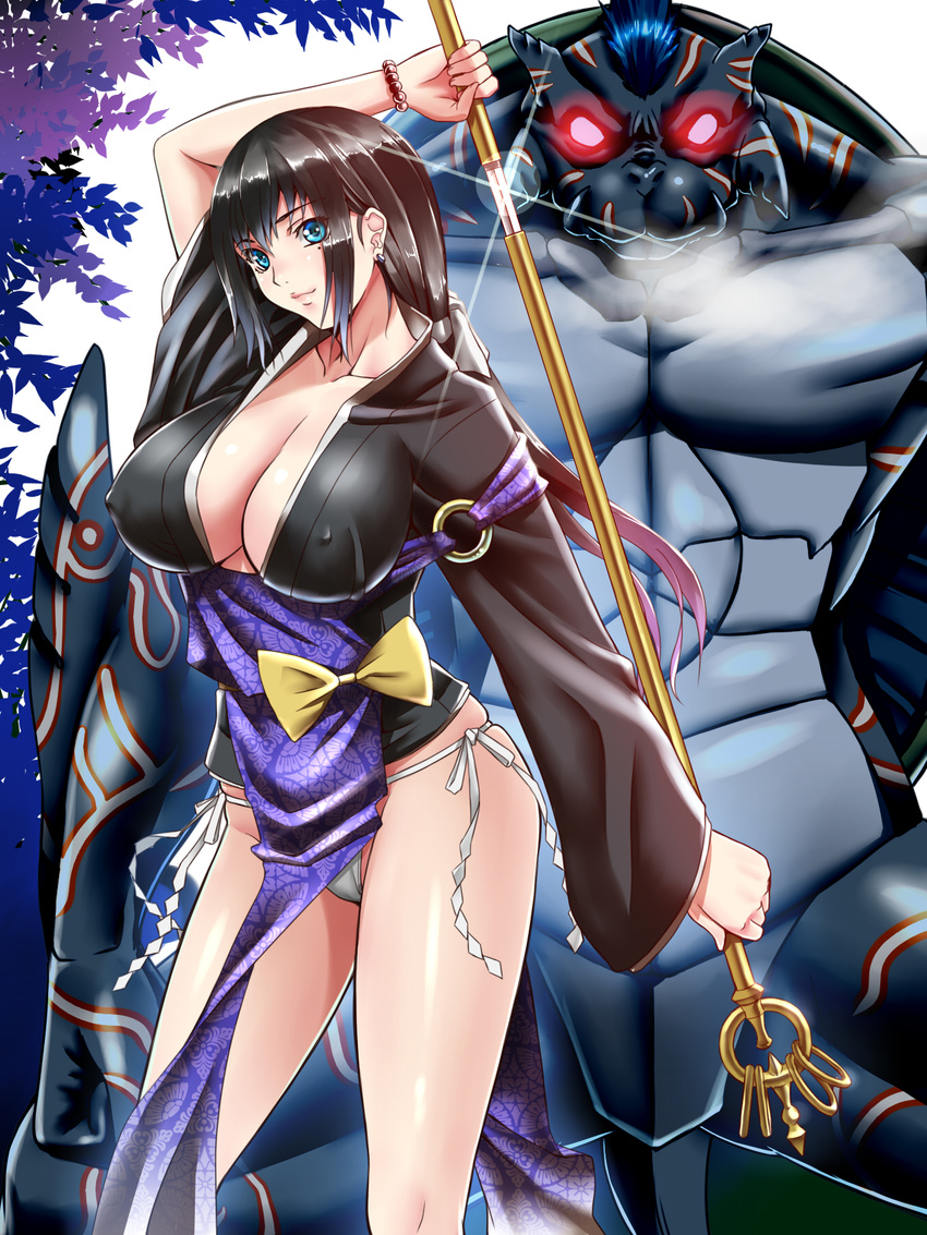 black_hair blue_eyes breasts cleavage commentary_request covered_nipples female highres huge_breasts long_hair monster_girl original panties pantyshot solo switch01 underwear