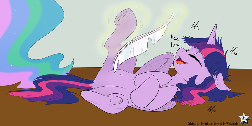 2015 2:1 absurd_res alicorn bri-sta closed_eyes duo equid equine feathered_wings feathers female friendship_is_magic fur hair hasbro hi_res horn laugh mammal multicolored_hair my_little_pony mythological_creature mythological_equine mythology open_mouth princess_celestia_(mlp) purple_body purple_fur purple_hair solo_focus tickling tongue twilight_sparkle_(mlp) two_tone_hair wings wodahseht