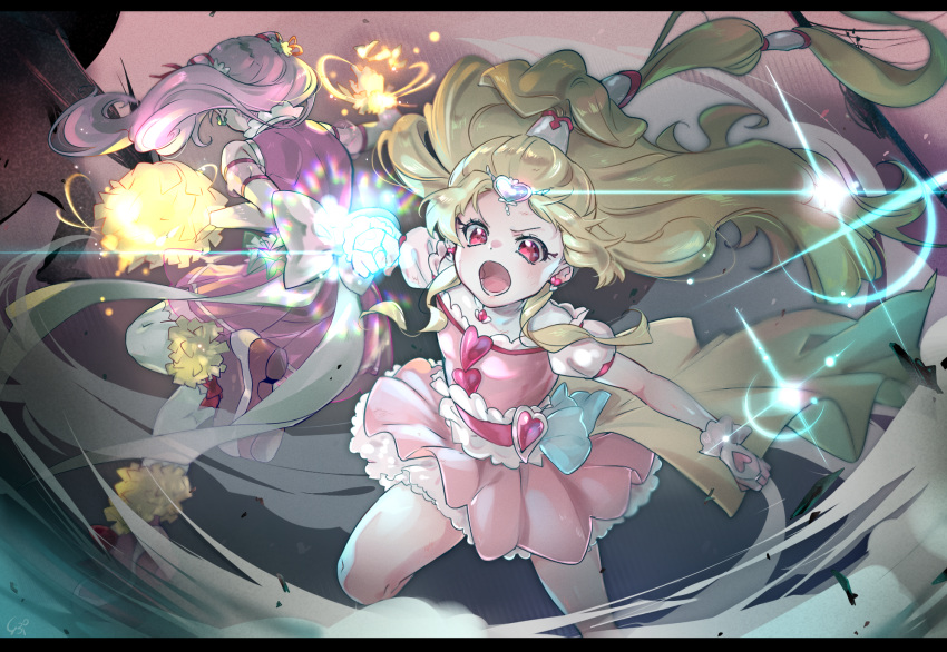 2girls :o back_bow battle blonde_hair bow brooch clenched_hand commentary_request cure_tomorrow cure_yell double_bun dress earrings hair_bun hair_ornament heart heart_brooch heart_earrings heart_hair_ornament high_ponytail highres hug-tan_(precure) hugtto!_precure jewelry letterboxed long_hair magical_girl multi-tied_hair multiple_girls nono_hana open_mouth pink_dress pink_eyes pink_footwear pink_hair pom_pom_(cheerleading) ponytail precure serious shipu_(gassyumaron) shoes thighhighs waist_brooch white_bow white_legwear