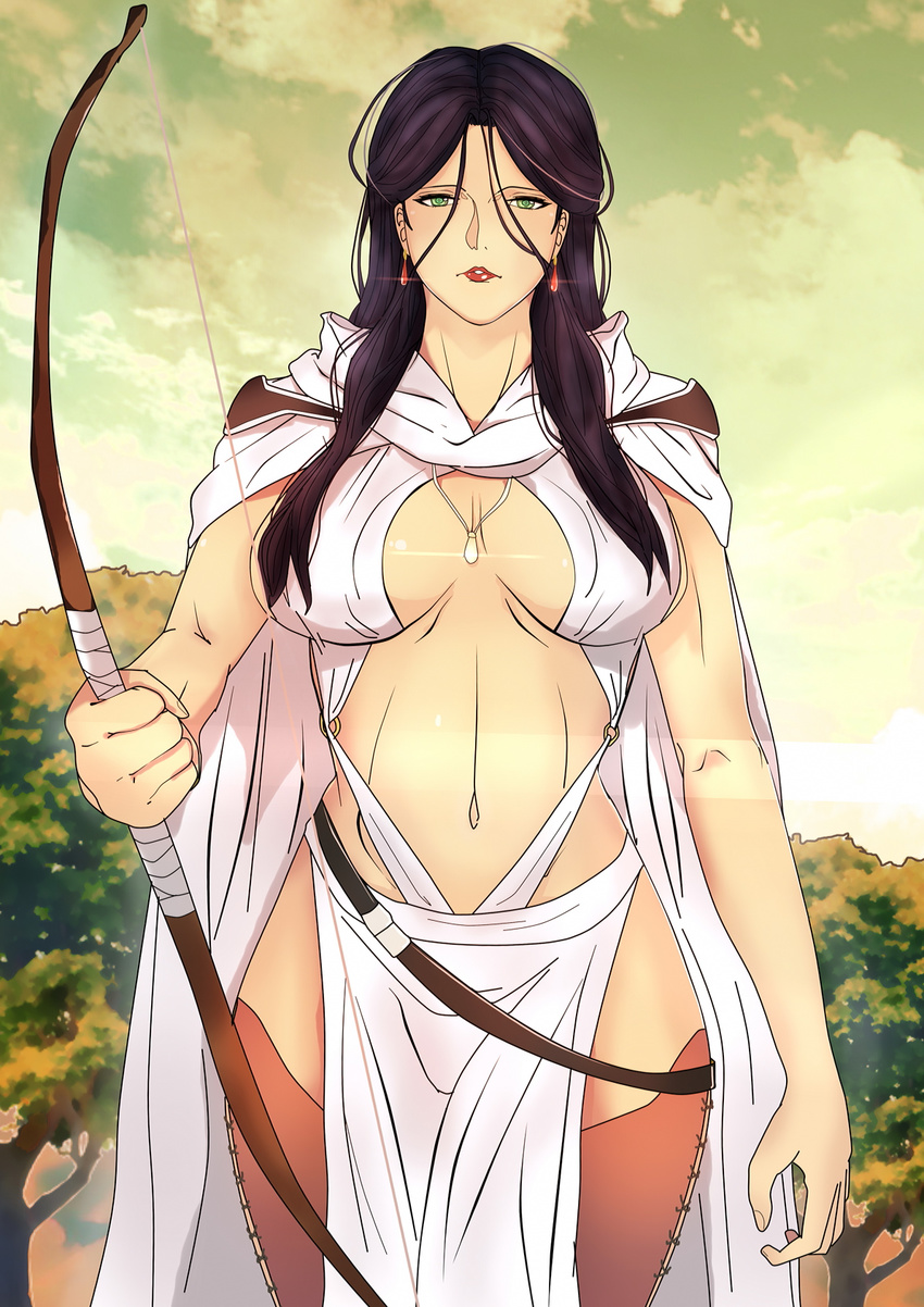 arslan_senki binaru bow_(weapon) cape commentary_request earrings falangies female highres jewelry navel necklace solo weapon