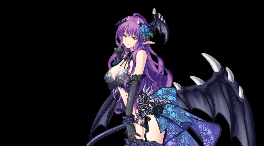 bare_shoulders black_background breasts cleavage demon_girl demon_wings detached_collar elbow_gloves eushully female female flower game_cg gloves hair_flower hair_ornament head_wings highres kami_no_rhapsody large_breasts legs long_hair looking_at_viewer mitsuki pointy_ears purple_hair simple_background smile solo standing tail thighhighs thighs wings yakuri yellow_eyes