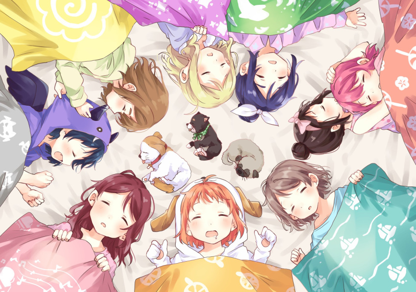 6+girls ahoge animal animal_hood bad_id bad_twitter_id bandana bed_sheet black_hair blonde_hair blue_hair blush bow brown_hair candy_print canine circle_formation clenched_hands closed_eyes commentary_request cosplay demon_horns demon_wings dog_hood dolphin_print fangs green_bandana grey_hair hair_bun hair_ribbon hair_up hairband hairbow hand_on_another's_head hands_up highres hood hood_grab hood_up horn_sucking horns hug kigurumi kunikida_hanamaru kurosawa_dia kurosawa_ruby long_hair love_live! love_live!_sunshine!! lying makura_(makura0128) matsuura_kanan messy_hair multiple_girls musical_note musical_note_print o_o oerba_yun_fang ohara_mari on_back on_side open_mouth orange_hair orange_print pink_bow red_hair ribbon sakurauchi_riko shiitake_(love_live!_sunshine!!) shiitake_(love_live!_sunshine!!)_(cosplay) short_hair single_hair_bun sleeping sleepover sparkle_print takami_chika tsushima_yoshiko wataame_(love_live!_sunshine!!) watanabe_you white_ribbon wings