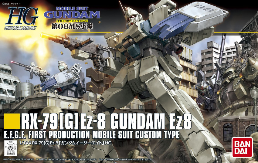 2013 damaged ez-8_gundam firing ground_gundam gun gundam gundam_08th_ms_team helmet highres official_art shield soldier weapon zaku zaku_ii