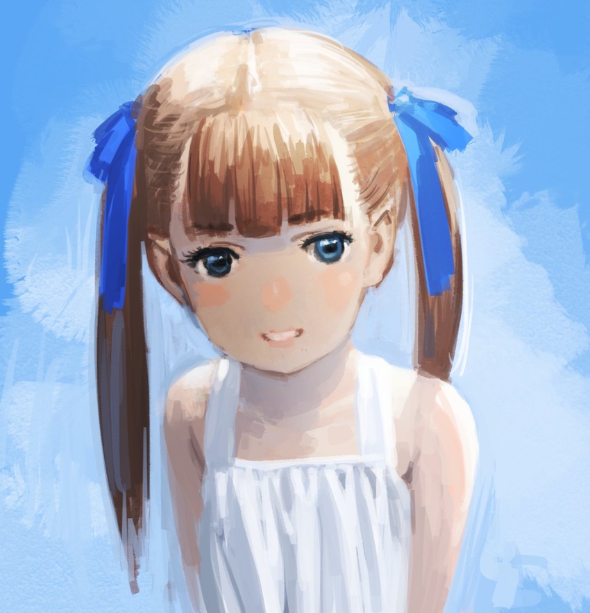 bare_shoulders blue_background blue_eyes blue_ribbon blunt_bangs brown_hair dress female hair_ribbon highres looking_at_viewer original ribbon second-party_source smile solo twintails upper_body white_dress yoshinari_kou