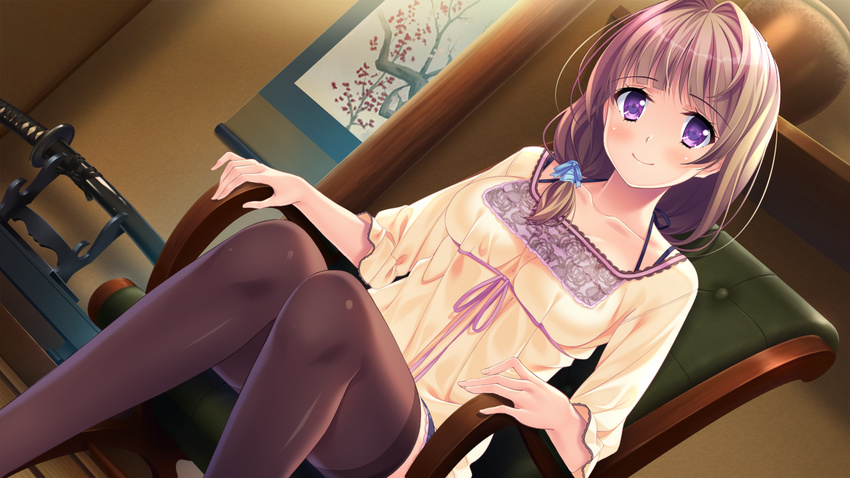 blonde_hair blush breasts chair collarbone dress dutch_angle game_cg happy highres indoors large_breasts legs long_hair long_sleeves looking_at_viewer original purple_eyes sakura_no_mori_dreamers short_shorts shorts sitting smile solo sword thighhighs thighs vase yamakaze_ran