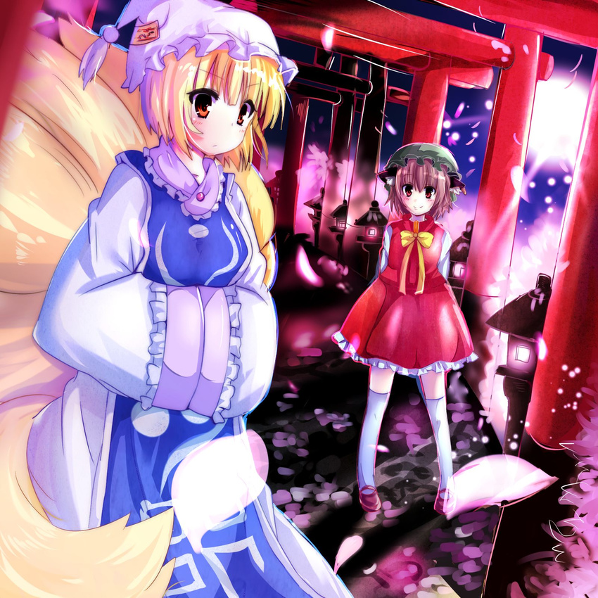 2girls animal_ears blonde_hair brown_hair cat_ears chen commentary_request dress fox_tail hands_in_opposite_sleeves highres kuze_matsuri multiple_girls multiple_tails multiple_torii orange_eyes short_hair stone_lantern tail torii touhou yakumo_ran