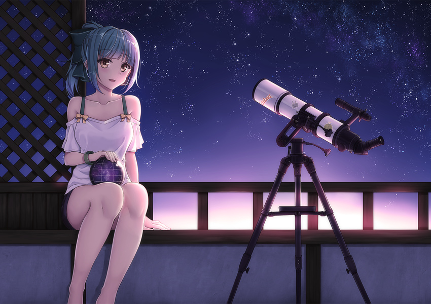 alternate_costume astronomy bare_shoulders barefoot blush bow brown_eyes casual collarbone commentary_request feet_out_of_frame female grey_hair hair_ribbon hairbow kantai_collection looking_at_viewer medium_hair open_mouth ponytail ribbon sitting sky smile solo star_(sky) starry_sky telescope terras yuubari_(kancolle)