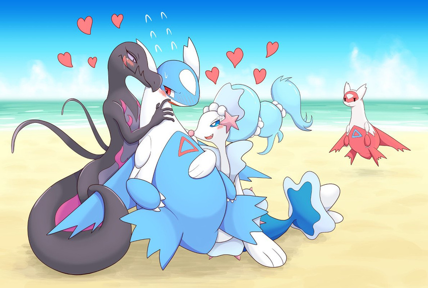 ambiguous_gender asterozoan beach blue_sclera blush bodily_fluids compression_artifacts detailed_background digital_media_(artwork) echinoderm eon_duo fangs female feral generation_3_pokemon generation_7_pokemon group heart_symbol latias latios legendary_duo legendary_pokemon licking licking_lips male male/ambiguous male/female mammal marine mochitig nintendo open_mouth outside pinniped pokemon pokemon_(species) primarina red_eyes reptile salazzle saliva sand scalie seaside self_lick sky starfish starfish_(accessory) tail teeth tongue tongue_out water