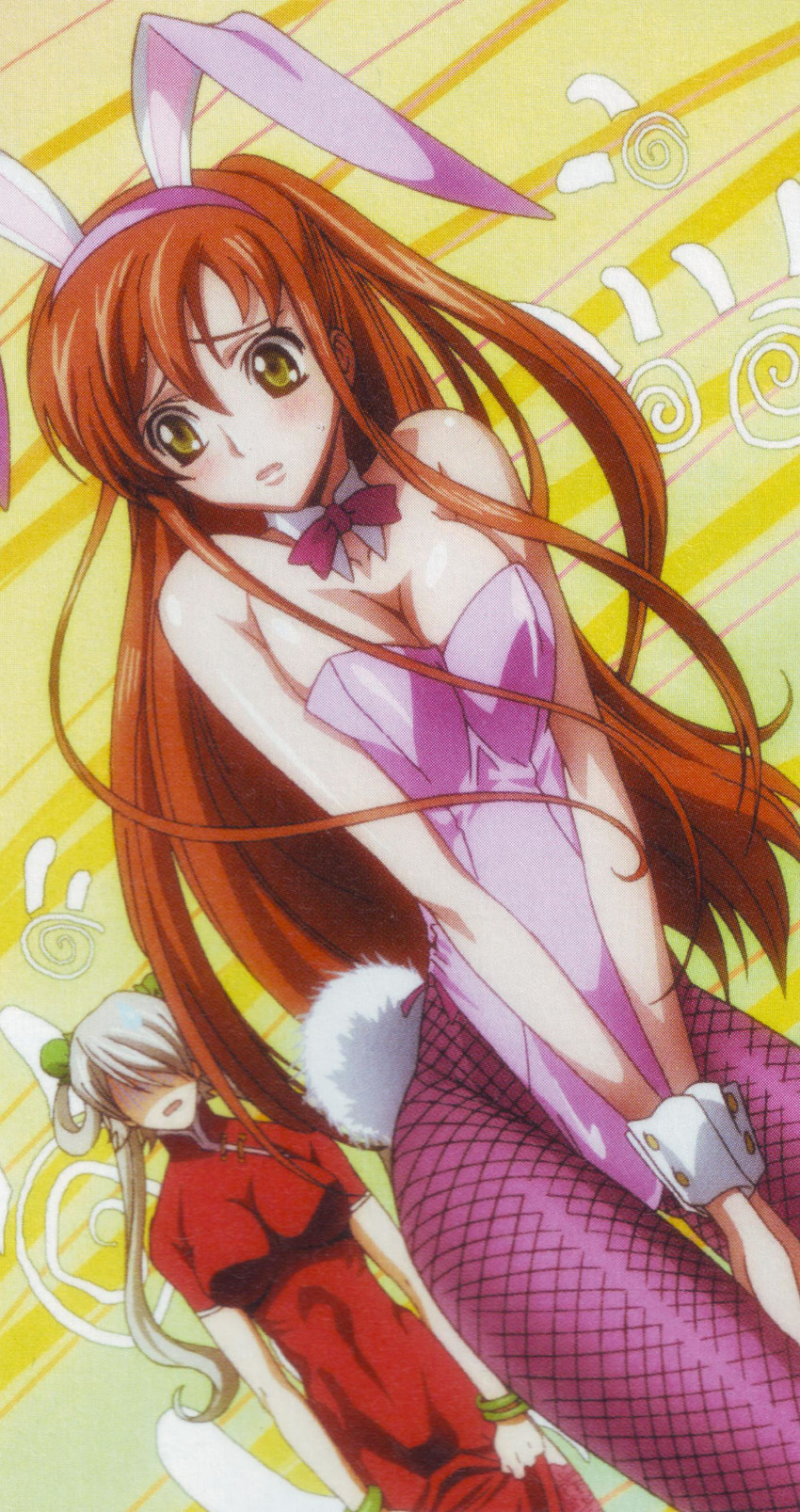 2girls animal_ears breasts brown_hair bunny_ears bunny_girl bunny_tail bunnysuit cleavage code_geass code_geass:_lost_colors cosplay embarrassed fake_animal_ears fake_tail female fishnet_pantyhose fishnets long_hair looking_at_viewer multiple_girls pantyhose rai scan shirley_fenette striped_background tail