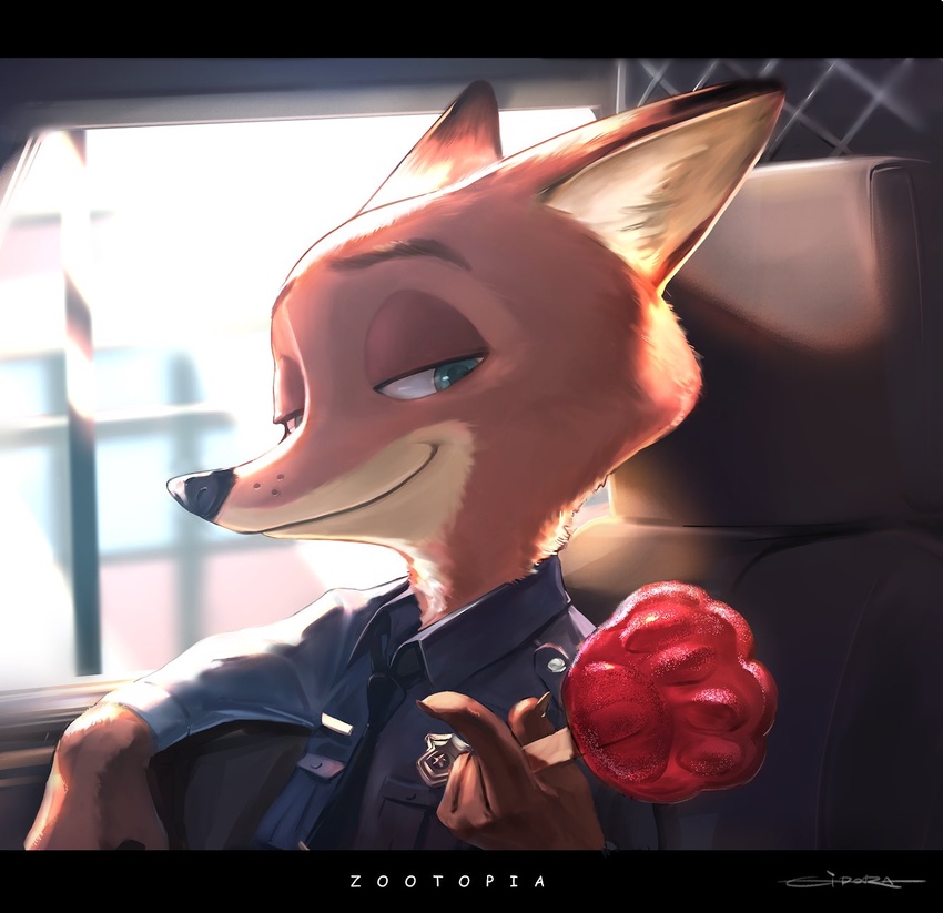 2018 anthro black_bars canid canine clothed clothing disney food fox fur gidora_(artist) hi_res holding_food holding_object holding_popsicle letterbox male mammal nick_wilde pawpsicle police police_uniform popsicle red_fox solo true_fox uniform zootopia