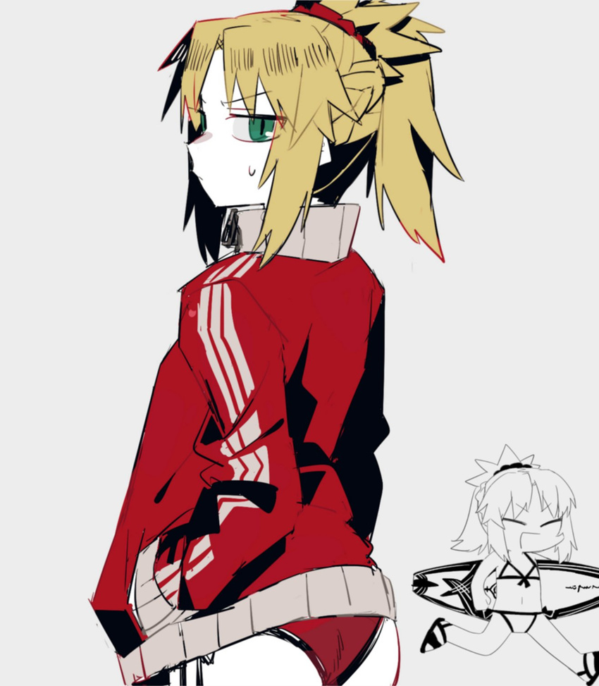 ass bad_id bad_twitter_id bikini blonde_hair fate/grand_order fate_(series) female green_eyes highres jacket long_hair mordred_(fate) mordred_(swimsuit_rider)_(fate) mordred_(swimsuit_rider)_(first_ascension)_(fate) ponytail solo swimsuit track_jacket uotsu_(sabakou)