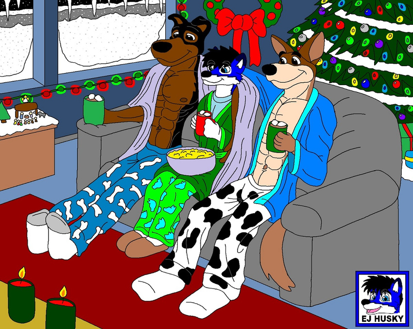 anthro buster_(lady_and_the_tramp) canid canine canis christmas clothed clothing disney dobermann domestic_dog german_shepherd group herding_dog holidays lady_and_the_tramp male mammal muscular nipples pastoral_dog pinscher snow thunderbolt topless