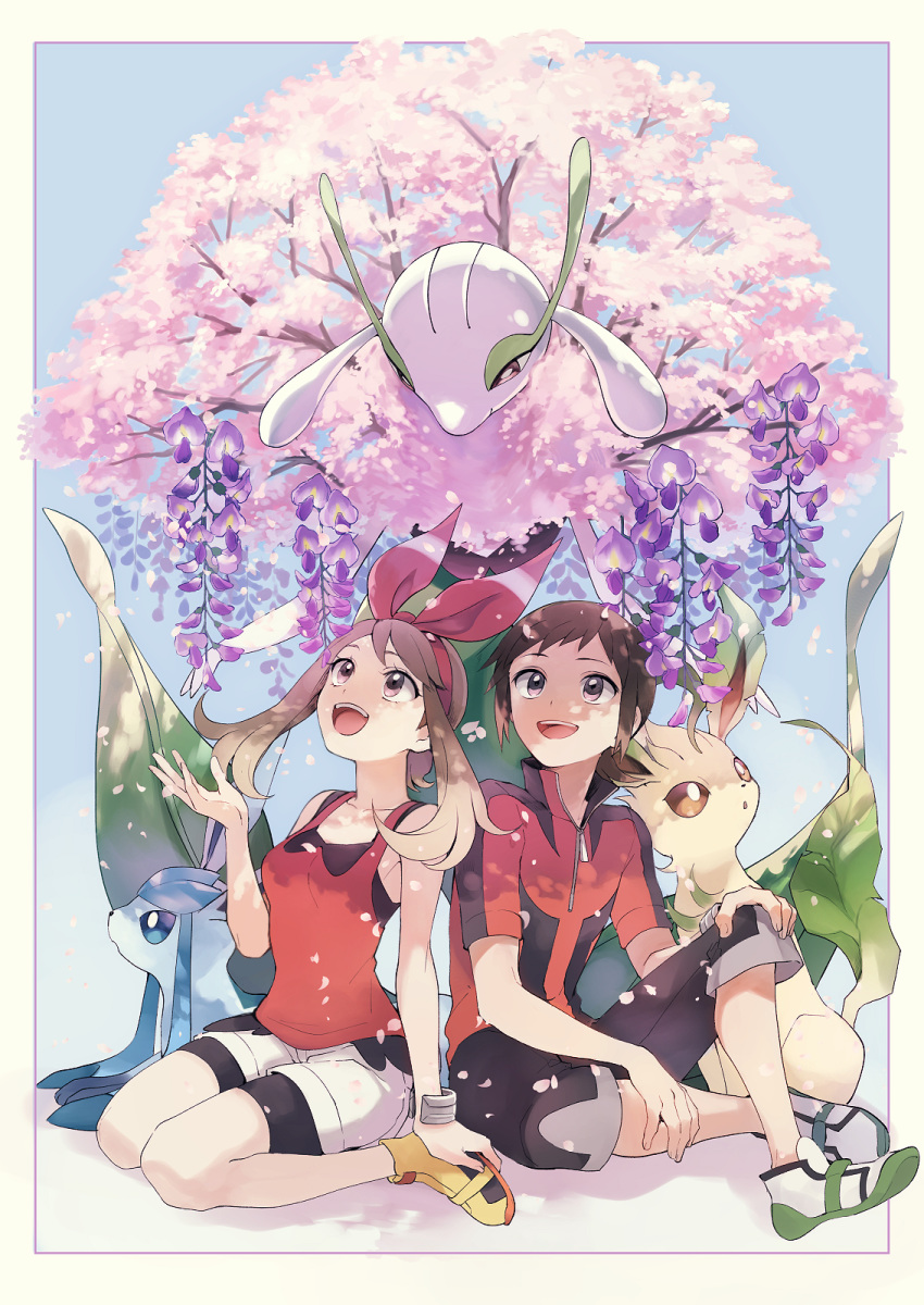 1boy :d bike_shorts black_shorts bow_hairband bracelet brendan_(pokemon) brown_eyes brown_hair collarbone commentary_request female floating_hair florges florges_(white_flower) glaceon hair_ribbon hairband hand_on_own_knee highres jacket jewelry leafeon long_hair looking_up may_(pokemon) open_mouth pokemon pokemon_(creature) pokemon_oras red_hairband red_jacket red_ribbon red_shirt ribbon shirt short_shorts short_sleeves shorts shorts_under_shorts sitting sleeveless sleeveless_shirt smile striped striped_ribbon wariza white_shorts yukin_(es)