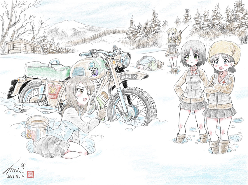 6+girls aki_(girls_und_panzer) alina_(girls_und_panzer) angry bare_tree black_footwear black_hair black_skirt black_vest blonde_hair blue_jacket blue_skirt blush_stickers boots bowing brown_eyes brown_hair brown_hat clara_(girls_und_panzer) closed_mouth commentary crossed_arms day emblem frown fur_hat girls_und_panzer green_jacket hand_on_own_hip hat highres holding izh_jupiter-3 jacket keizoku_(emblem) keizoku_military_uniform kubota_shinji log_cabin long_hair long_sleeves looking_at_another mika_(girls_und_panzer) mikko_(girls_und_panzer) military military_uniform miniskirt motor_vehicle motorcycle mountain multiple_girls nina_(girls_und_panzer) no_headwear one_eye_closed open_mouth outdoors paint_can paintbrush pleated_skirt pravda_(emblem) pravda_military_uniform raglan_sleeves red_shirt seiza shirt short_hair short_twintails sitting skirt snow sweatdrop theft track_jacket tree turtleneck twintails uniform ushanka vest walkie-talkie yokozuwari