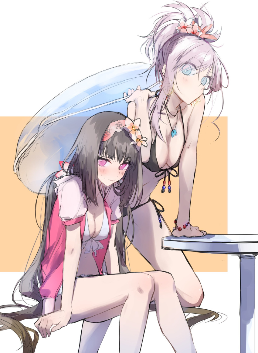 2girls ashita_kura bikini breasts cleavage cloak commentary_request fate/grand_order fate_(series) flower hair_flower hair_ornament hairband highres hood hooded_cloak long_hair low_twintails miyamoto_musashi_(fate) multiple_girls osakabehime_(fate) ponytail sitting swimsuit twintails very_long_hair