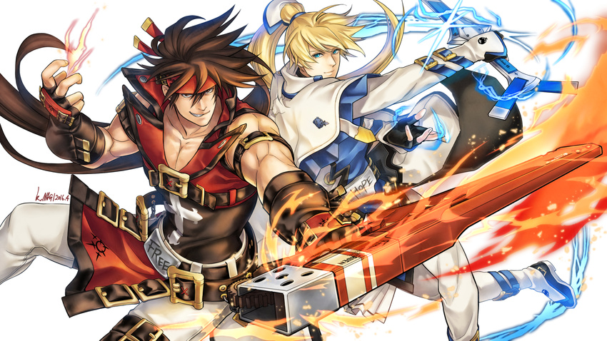 2boys back-to-back blonde_hair brown_eyes brown_hair capelet commentary_request curre electricity fingerless_gloves fire gloves guilty_gear guilty_gear_xrd headband highres junkyard_dog_mk_iii ky_kiske magnolia_eclair_ii making-of_available male_focus multiple_boys muscular ponytail sol_badguy sword weapon