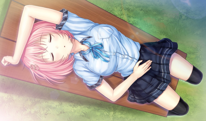 ayame_no_machi_to_ohimesama female female game_cg kazuharu_kina pink_hair shichigahama_yuri short_hair skirt sleeping solo thighhighs