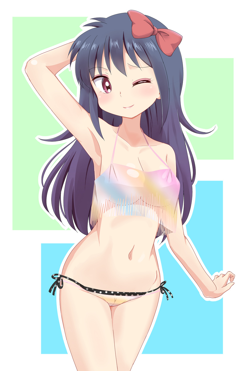 ageha_(kyoukai_no_rinne) armpits bare_shoulders bikini black_hair breasts cleavage female kyoukai_no_rinne long_hair midriff navel one_eye_closed purple_eyes ribbon simple_background smile solo swimsuit underboob wink