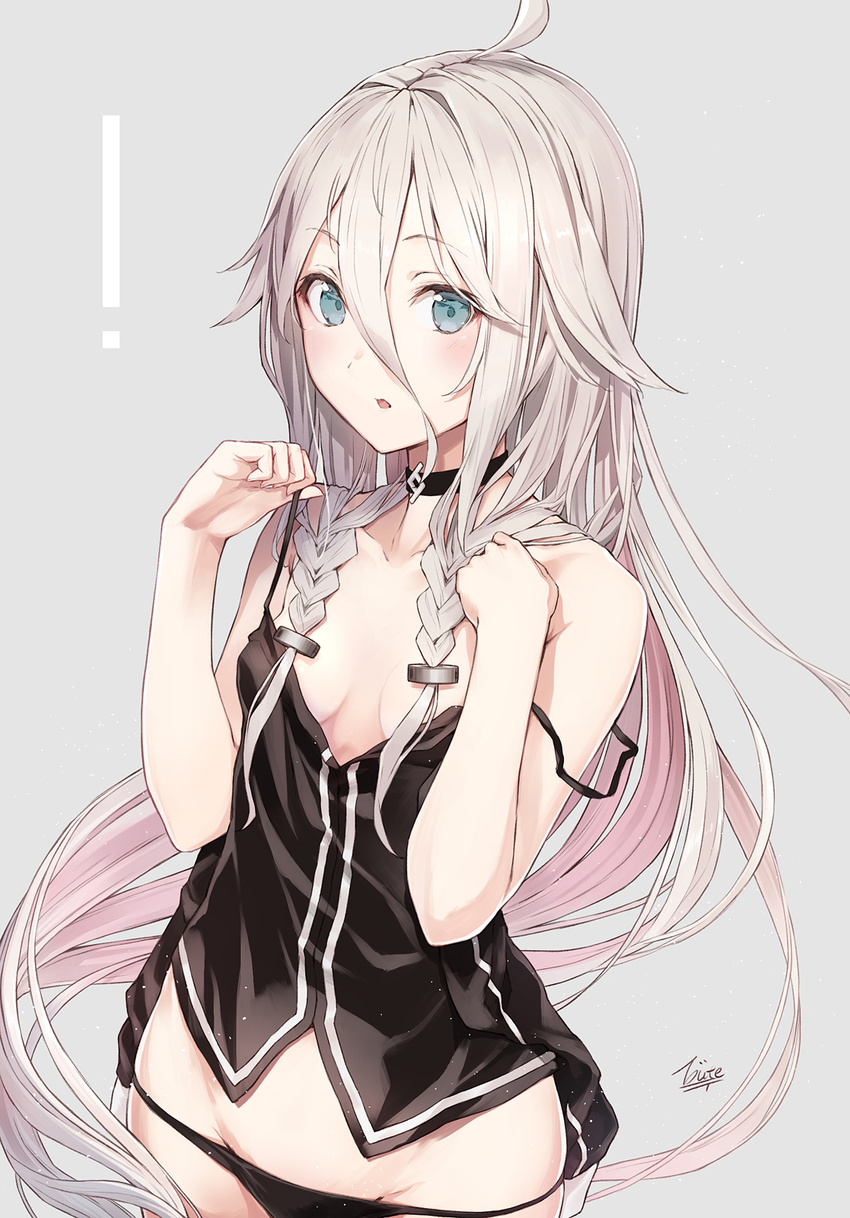 ! arms_at_sides artist_name black_choker black_panties blue_eyes blush breasts bute_(butegram) camisole choker collarbone commentary_request female grey_background grey_hair hair_between_eyes hair_flaps highres ia_(vocaloid) long_hair looking_at_viewer no_pants panties parted_lips photoshop_(medium) revision signature simple_background small_breasts solo strap_slip underwear upper_body very_long_hair vocaloid