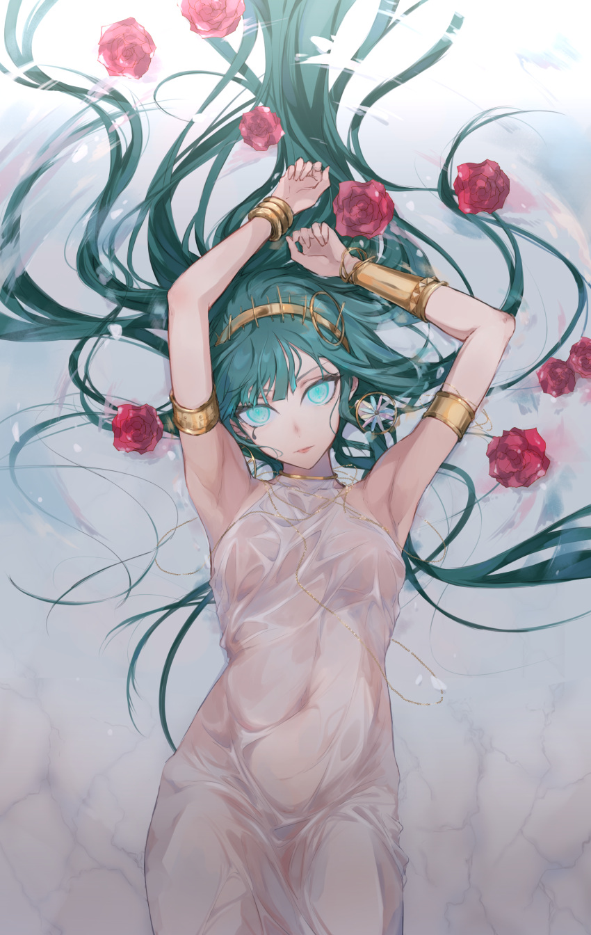 absurdres aqua_eyes armlet armpits arms_up ashita_kura bad_id bad_pixiv_id bracelet bracer cleopatra_(fate) commentary earrings facial_mark fate/grand_order fate_(series) female flower green_hair highres jewelry long_hair looking_at_viewer lying necklace on_back rose see-through solo teardrop_facial_mark