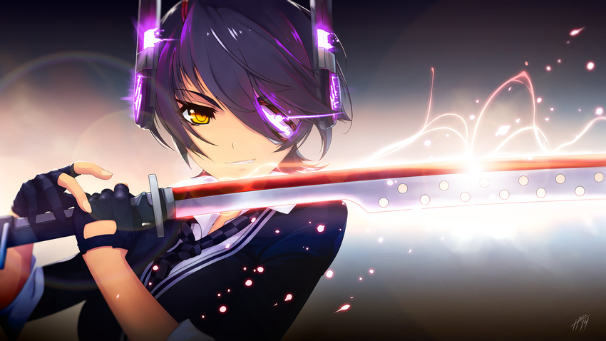 commentary_request eyepatch female fingerless_gloves gloves glowing headgear hell_machina highres kantai_collection necktie photoshop_(medium) purple_hair school_uniform short_hair smile solo sword tenryuu_(kancolle) weapon yellow_eyes