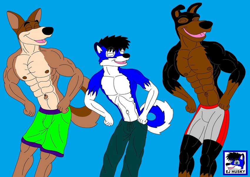 anthro buster_(lady_and_the_tramp) canid canine canis clothed clothing disney dobermann domestic_dog german_shepherd group herding_dog lady_and_the_tramp male mammal muscular nipples pastoral_dog pinscher thunderbolt topless