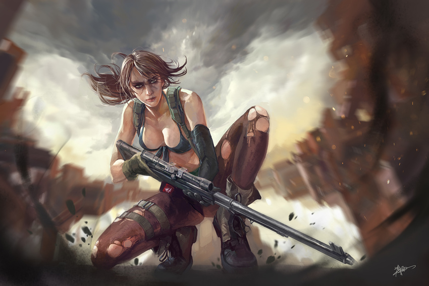 bikini blue_sky boots breasts brown_hair canyon cleavage collarbone commentary_request female front-tie_bikini_top front-tie_top full_body gloves gun highres koloromuj large_breasts long_hair looking_at_viewer metal_gear_(series) metal_gear_solid_v:_the_phantom_pain navel on_one_knee outdoors pantyhose photoshop_(medium) ponytail quiet_(metal_gear) rifle scope sky sniper_rifle solo squatting suspenders swimsuit torn_clothes torn_pantyhose weapon