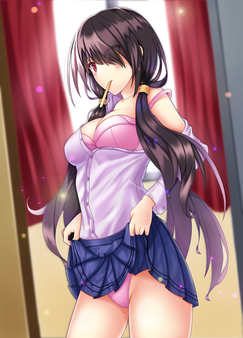 absurdres bra breasts cleavage clothes_lift commentary_request date_a_live faker_(pili524) female heterochromia highres medium_breasts open_clothes open_shirt panties photoshop_(medium) pink_bra pink_panties raizen_high_school_uniform school_uniform shirt skirt skirt_lift solo tokisaki_kurumi underwear