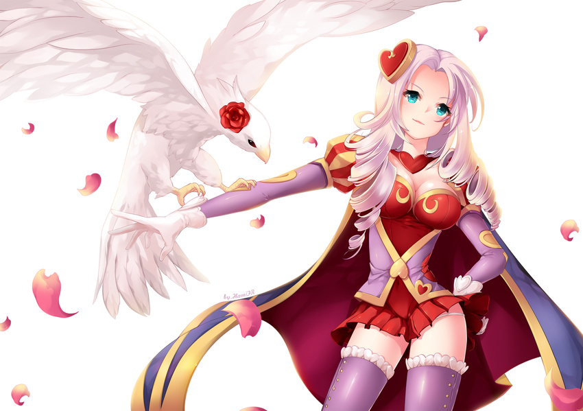 animal_on_arm ashe_(league_of_legends) bird bird_on_arm breasts cape commentary_request cowboy_shot curly_hair female flower gloves hair_ornament hamifr hand_on_own_hip heart heart_hair_ornament heartseeker_ashe highres league_of_legends long_hair long_sleeves looking_up medium_breasts miniskirt panties parted_bangs petals rose rose_petals simple_background skirt smile smirk solo thighhighs underwear white_background white_gloves white_hair zettai_ryouiki