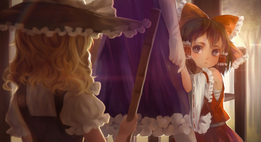 3girls aged_down backlighting bare_shoulders black_eyes blonde_hair bow bright_pupils broom brown_hair commentary_request detached_sleeves dress elbow_gloves frilled_dress frills from_behind gloves hair_tubes hairbow hakurei_reimu hat hat_bow holding holding_broom holding_hands jyuui kirisame_marisa lolicon looking_at_another looking_past_viewer looking_to_the_side multiple_girls photoshop_(medium) puffy_short_sleeves puffy_sleeves purple_dress red_bow red_skirt sarashi short_sleeves skirt skirt_set touhou vest white_bow white_gloves witch_hat yakumo_yukari