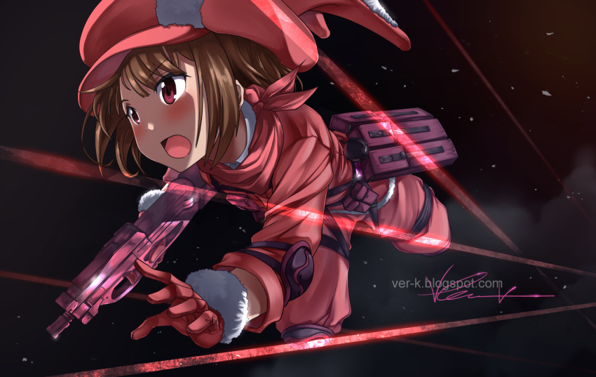 animal_ears animal_hat blush brown_hair bullet_line bullpup commentary english_commentary female gloves gun hat holding holding_gun holding_weapon indy_k llenn_(sao) open_mouth p-chan_(p90) p90 petite pink_gloves pink_hat pink_weapon rabbit_ears signature solo submachine_gun sword_art_online sword_art_online_alternative:_gun_gale_online weapon