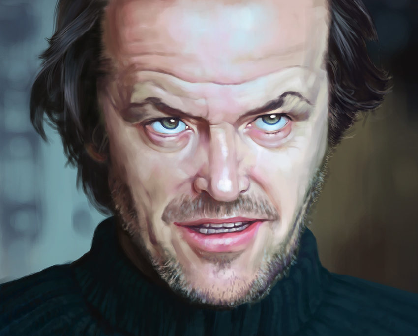 1boy balding beard brown_eyes brown_hair commentary_request crazy_eyes eyebrows facial_hair forehead indoors jack_nicholson jack_torrance lips looking_at_viewer male_focus messy_hair old old_man parted_lips photoshop_(medium) portrait realistic solo stubble sweater tajim teeth the_shining turtleneck turtleneck_sweater wavy_hair