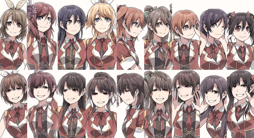 6+girls ayase_eli bad_id bad_twitter_id black_eyes black_hair blonde_hair bokura_no_live_kimi_to_no_life bow bowtie braid brown_hair clipe crown_braid everyone flower grey_hair grin hair_flower hair_ornament hairbow hoshizora_rin iida_riho inactive_account koizumi_hanayo kosaka_honoka kubo_yurika kusuda_aina long_hair love_live! love_live!_school_idol_project mimori_suzuko minami_kotori multiple_girls nanjou_yoshino neck_ribbon necktie nishikino_maki nitta_emi one_eye_closed one_side_up orange_hair pile_(voice_actor) ponytail purple_hair red_bow red_bowtie red_eyes red_hair red_necktie red_ribbon ribbon short_hair smile smirk sonoda_umi tojo_nozomi tokui_sora twintails uchida_aya upper_body voice_actor_connection yazawa_nico