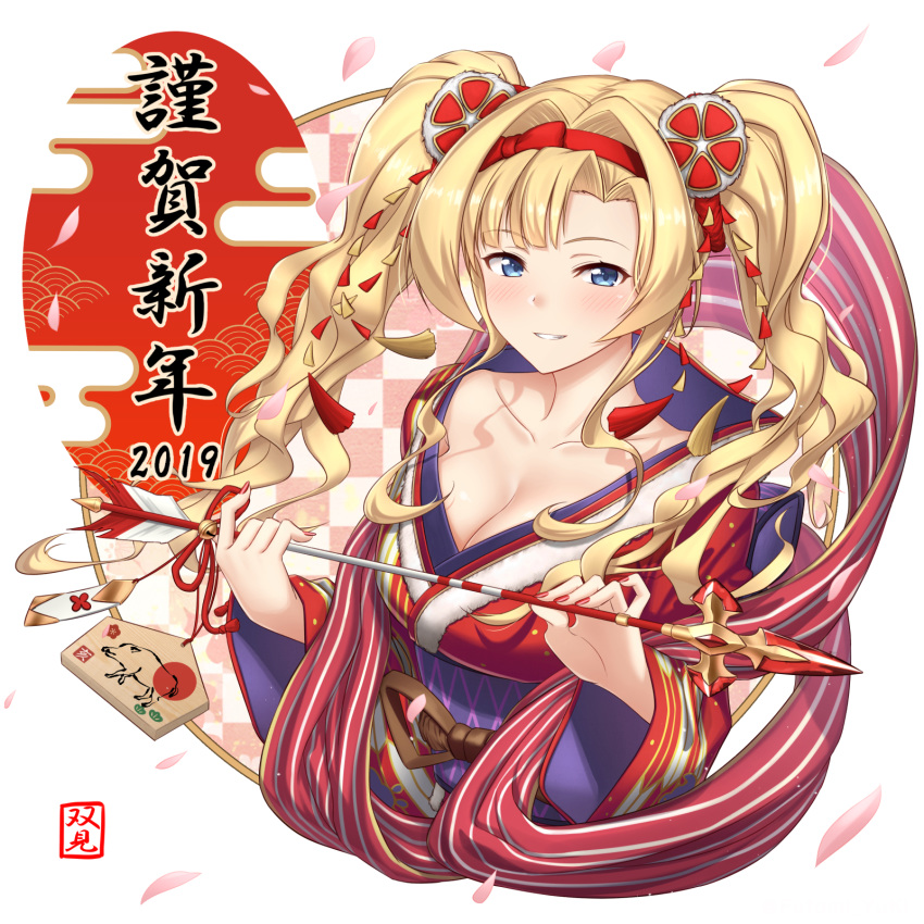 2019 arrow_(projectile) bell blonde_hair blue_eyes blush breasts checkered cherry_blossoms cleavage collarbone commentary_request cropped_torso ema female futami_(mg42fw190d) gem granblue_fantasy hagoromo hair_intakes hair_ornament hair_ribbon hairband hamaya happy_new_year highres holding holding_arrow japanese_clothes jingle_bell kimono large_breasts light_smile long_hair long_sleeves looking_at_viewer nail_polish nengajou new_year obi parted_bangs parted_lips red_hairband red_kimono red_nails red_ribbon ribbon sash shadow shawl sidelocks solo tassel twintails upper_body wavy_hair white_background wide_sleeves zeta_(granblue_fantasy)