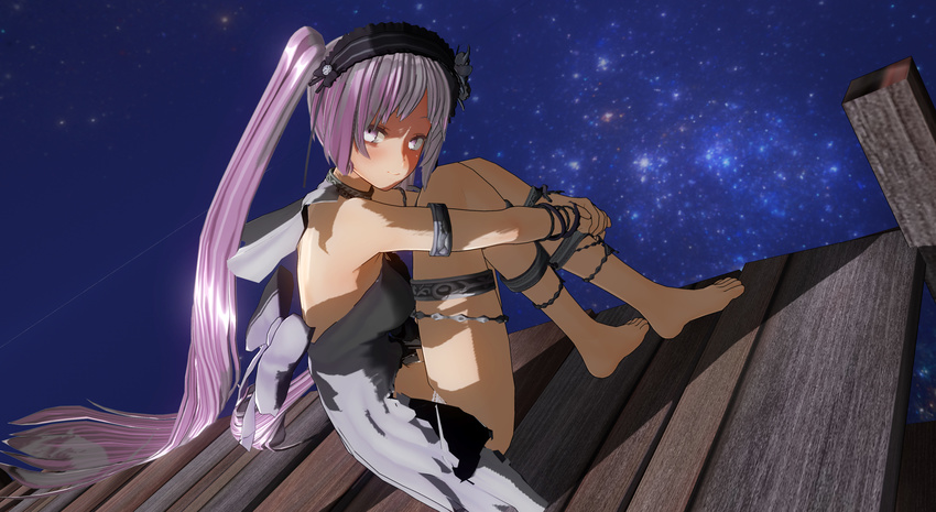 absurdres bare_shoulders barefoot commentary_request custom_maid_3d_2 dress euryale_(fate) fate/grand_order fate/hollow_ataraxia fate/stay_night fate_(series) female hair_ribbon highres long_hair photoshop_(medium) purple_eyes purple_hair ribbon solo sumxsum03 twintails very_long_hair white_dress