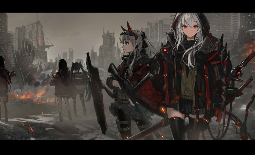 5girls absurdres animal_ears black_jacket black_legwear black_skirt blue_eyes city clothes_lift commentary_request earpiece fake_animal_ears fire gloves grey_hair grey_sky gun highres holding holding_weapon holster hood hood_up jacket letterboxed long_hair looking_at_another looking_at_viewer looking_back miniskirt multiple_girls original pantyhose parted_lips photoshop_(medium) pleated_skirt ponytail red_eyes red_gloves rifle ruins skirt skirt_lift sky smile standing sword thigh_holster thighhighs twintails very_long_hair weapon white_hair wind wind_lift wu_lun_wujin zettai_ryouiki