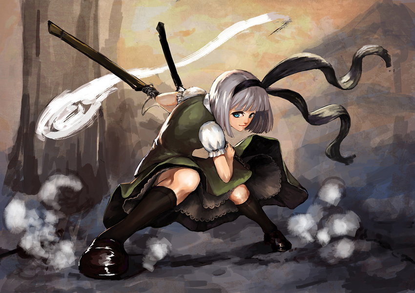 aako black_hairband black_socks blue_eyes commentary_request female fighting_stance full_body grey_hair hairband hitodama katana kneehighs konpaku_youmu konpaku_youmu_(ghost) looking_at_viewer photoshop_(medium) puffy_sleeves ribbon shirt shoes short_hair short_sleeves skirt skirt_set smile socks solo sword touhou upskirt vest weapon