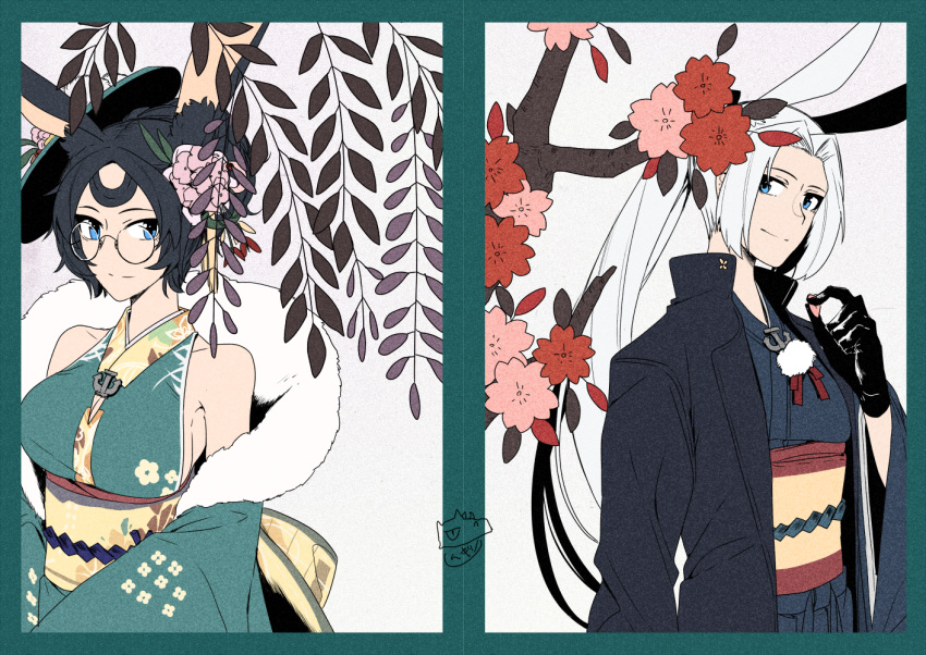 2girls anchor animal_ears azur_lane black_gloves black_hair blue_eyes blue_kimono branch breasts cherry_blossoms closed_mouth commentary_request flower fur_trim glasses gloves green_kimono hair_flower hair_ornament hanafuda hiryuu_(azur_lane) jacket japanese_clothes kimono long_hair long_sleeves medium_breasts mugino_kouji multiple_girls obi official_alternate_costume ponytail rabbit_ears sash sideboob sleeveless sleeveless_kimono souryuu_(azur_lane) souryuu_(the_crane_amidst_the_pines)_(azur_lane) upper_body white_hair wisteria